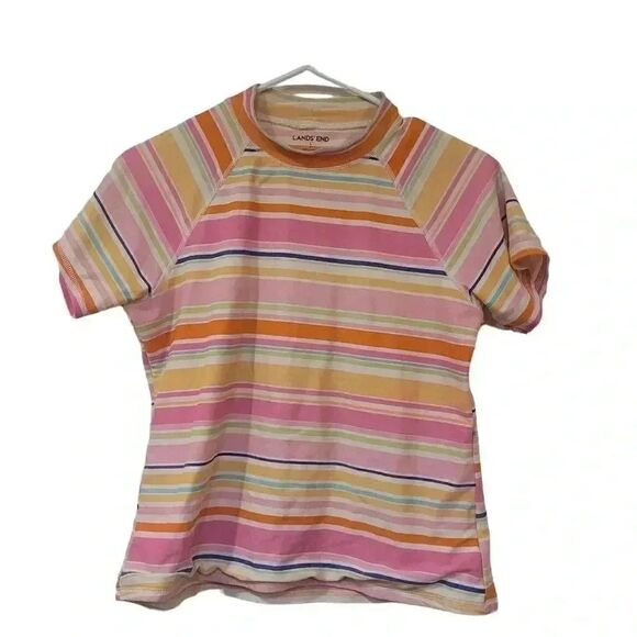 𝅺Lands' End Girl's Multicolor Striped Swim Rashguard Short Sleeves - Picture 1 of 9